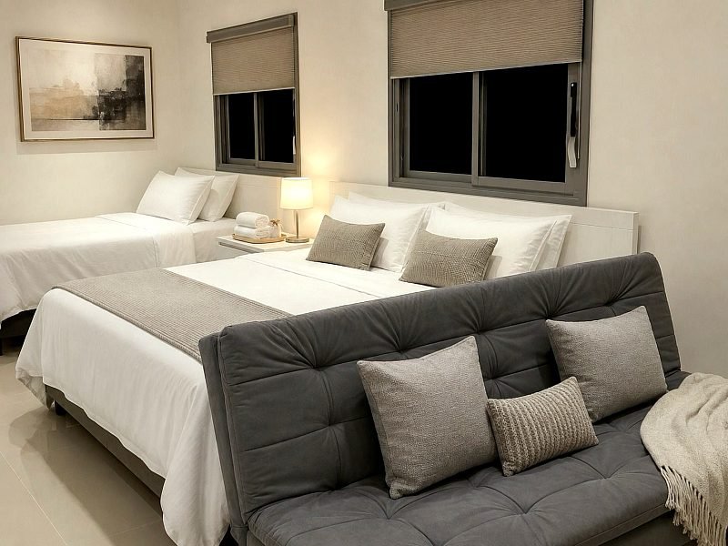 Quarto do studio com duas camas de casal